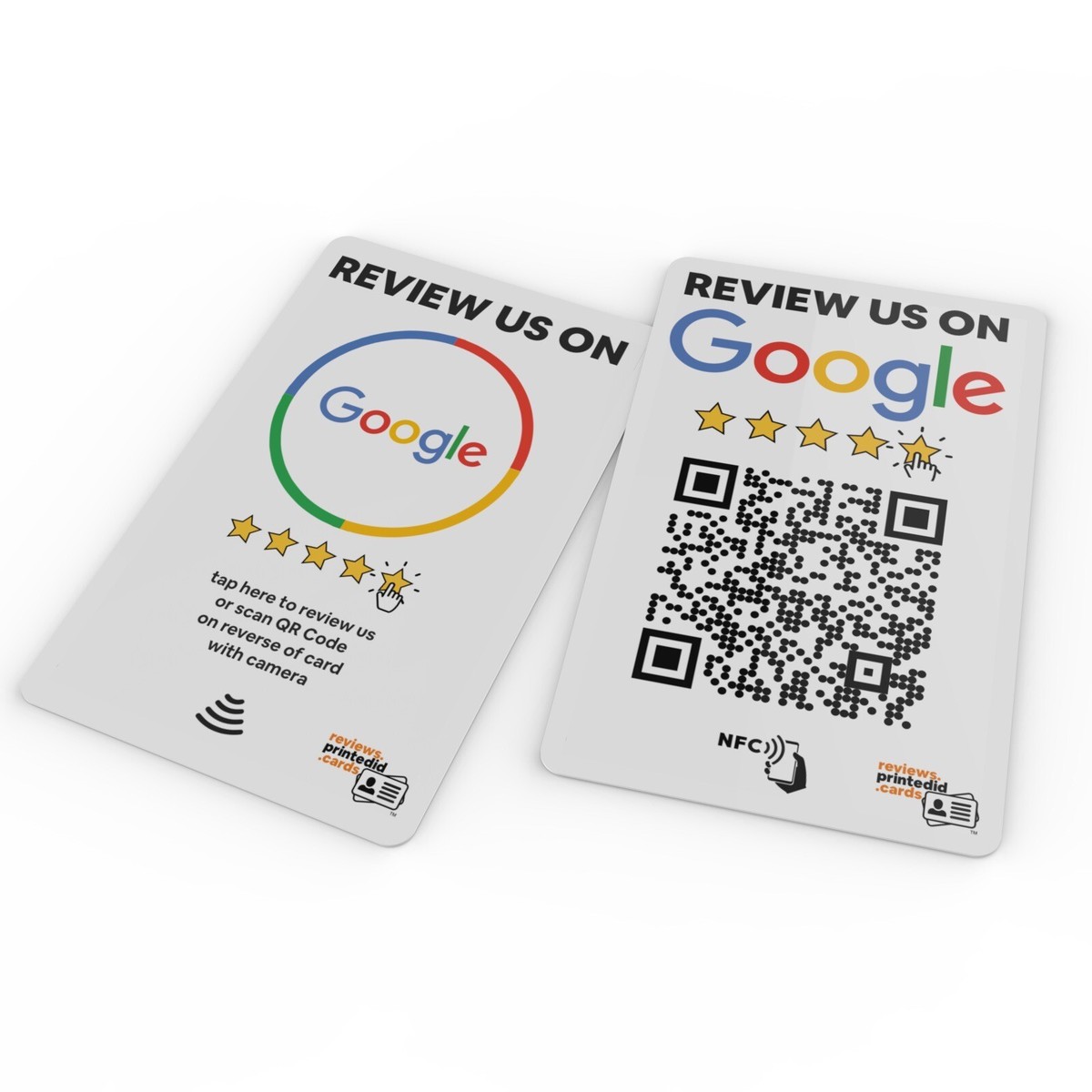 Fram och baksida av ett NFC-kort med QR-kod för Google-recensioner